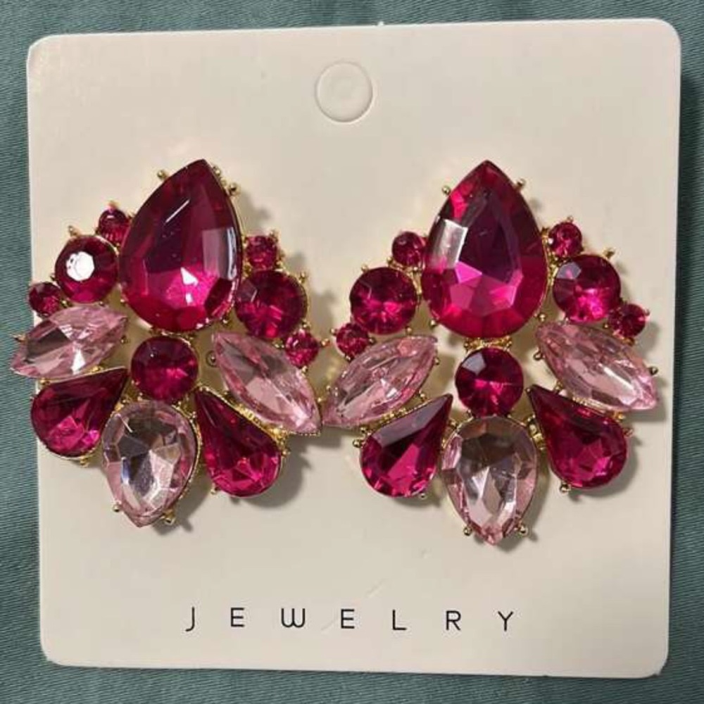 Pink Crystal Cluster Earrings Gold Tone Teardrop Statement - Picture 10 of 13